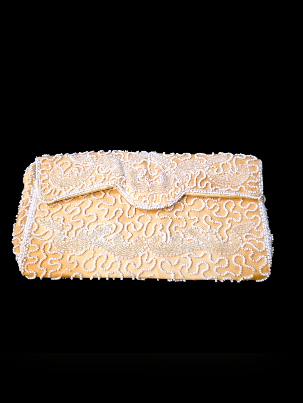 🤍Vintage Beaded Satin Clutch - Ivory Champagne